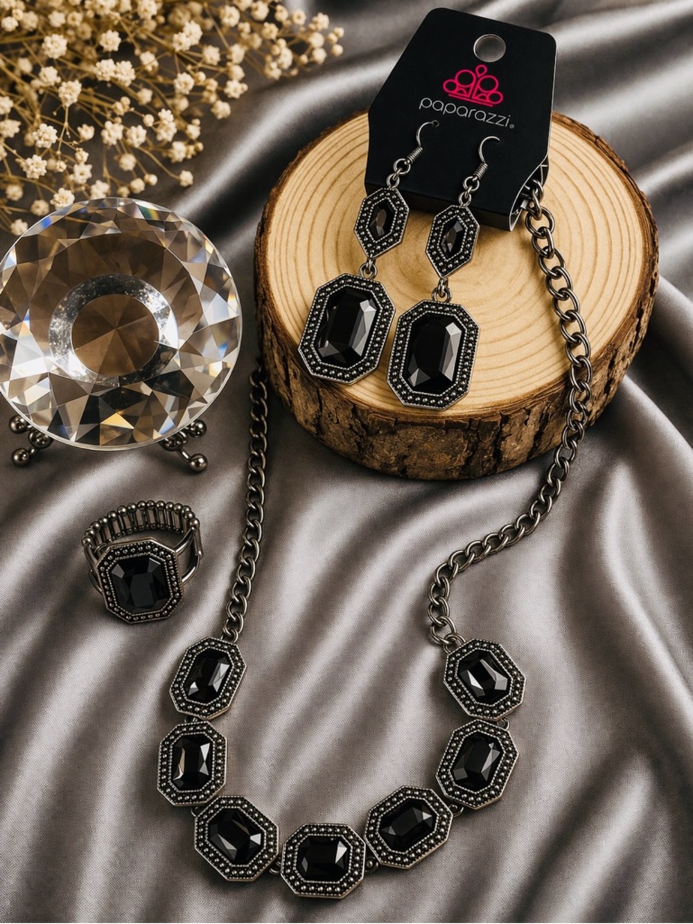 paparazzi Black Faceted Octagon Necklace, Earrings & Ring Set